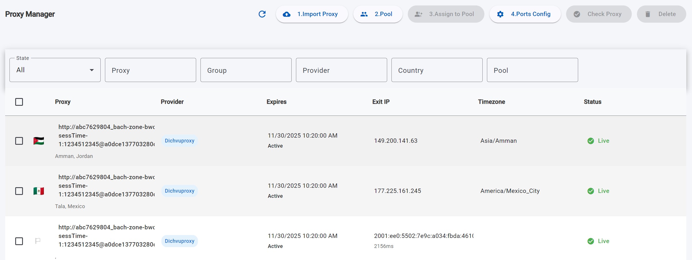 Màn hình quản lý proxy