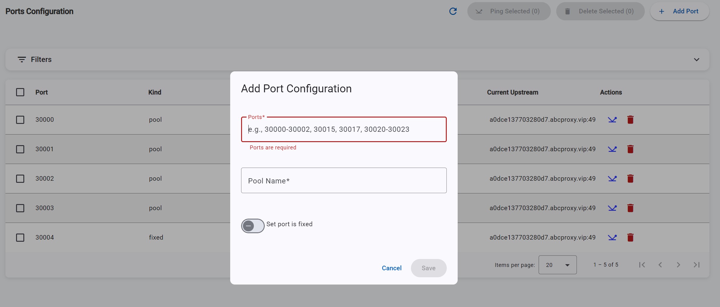 Danh sách port và nút Add port