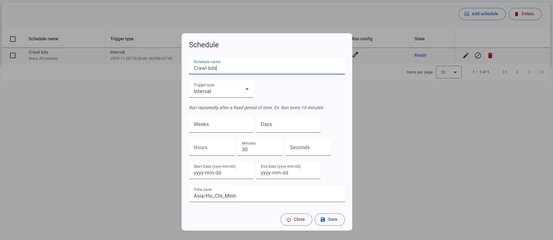 Form Add Schedule với tên và loại trigger