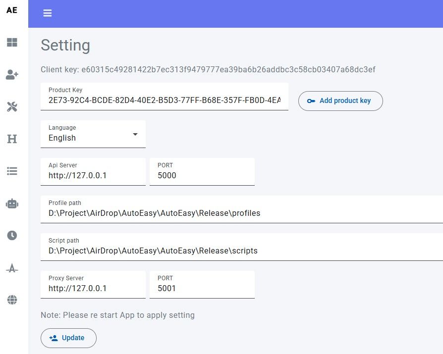 Ô Product key trong Setting