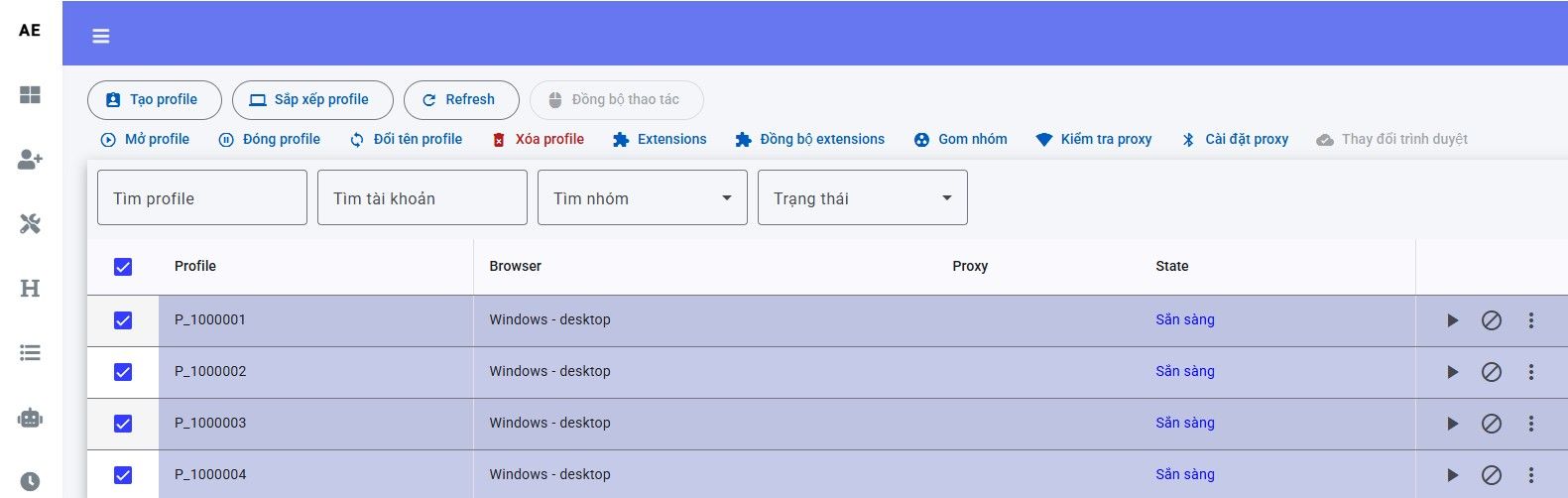 Thanh công cụ Extensions