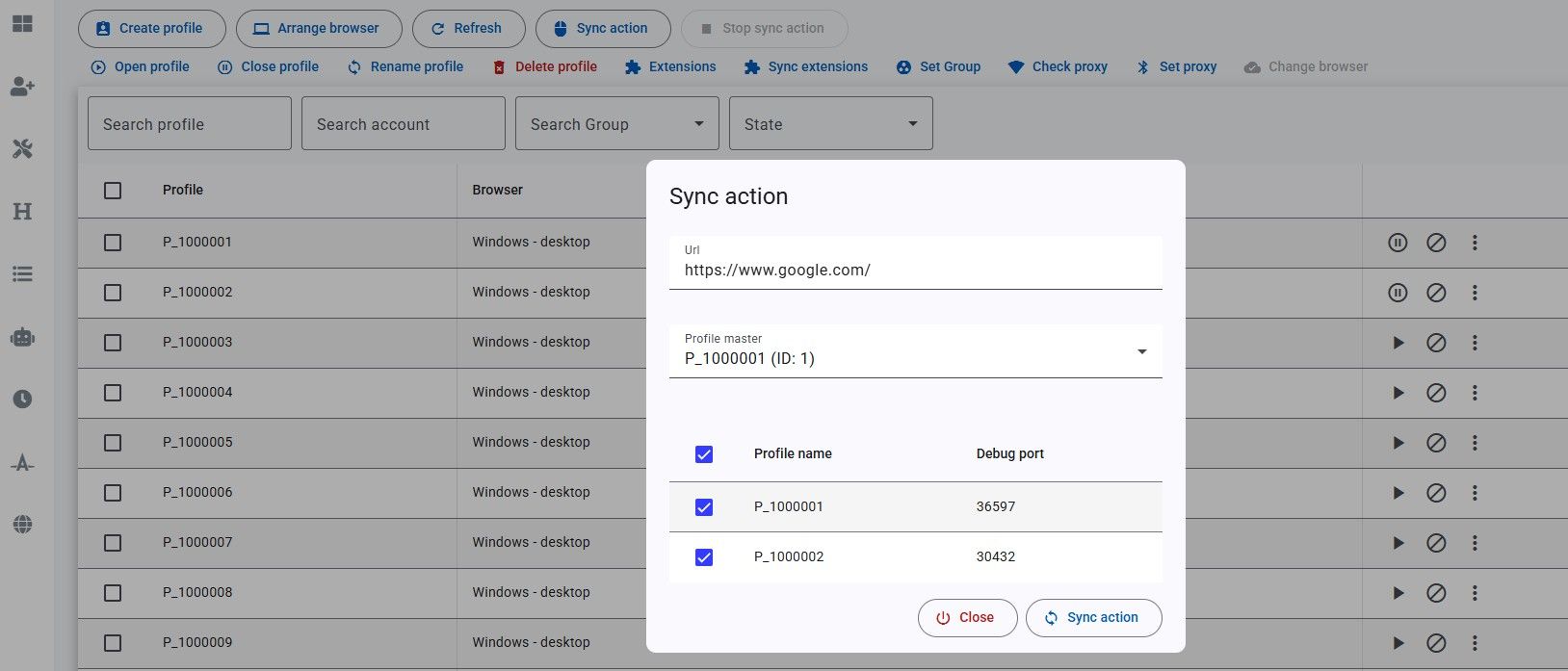 Hộp thoại Sync: URL, master, danh sách profile