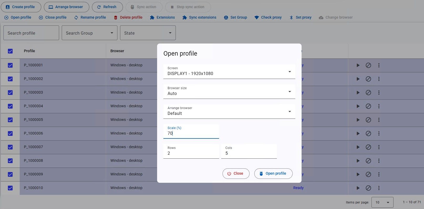Hộp thoại Open profile: Screen, size, rows, cols