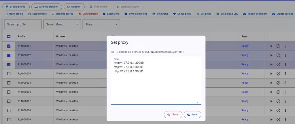 Chọn proxy trên profile