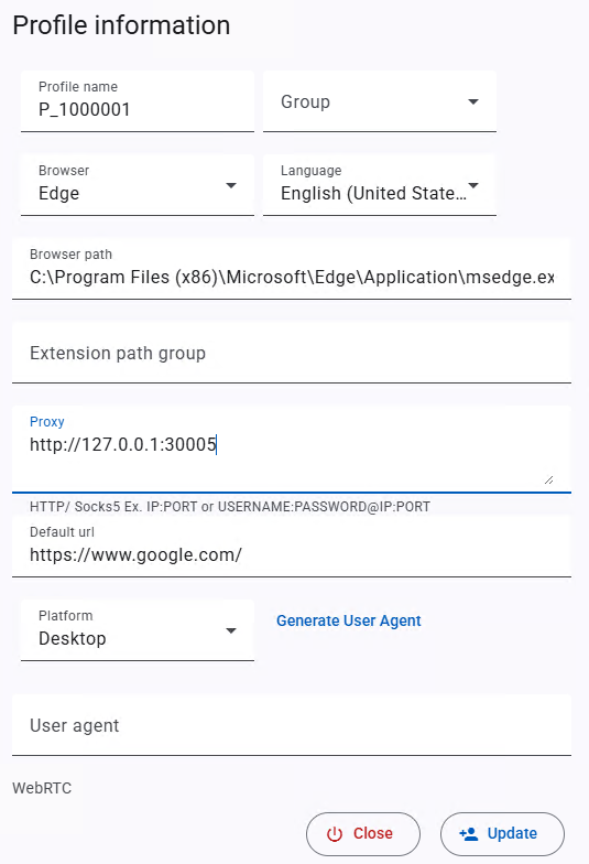 Ô proxy trên form profile